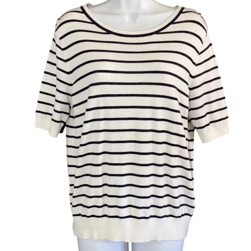 H&M Striped Fine Knit Top Cream Black Soft Stretch Coastal Preppy M Nautical - Picture 4 of 9